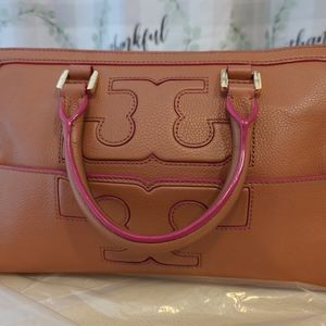Tory Burch Two way Jessica Satchel crossbody Shoulder Brown Leather Bag
